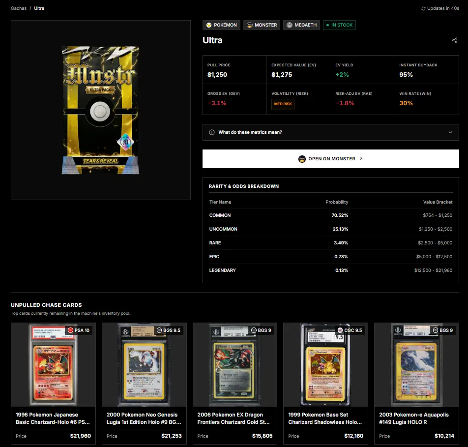 Gacha detail page with metrics and odds